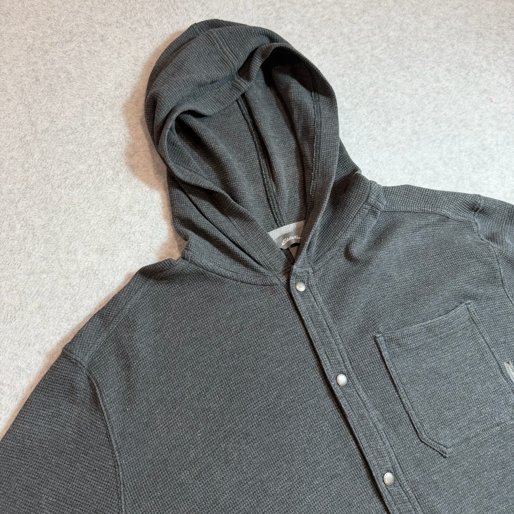 Eddie Bauer Mens Dark Gray Waffle‎ Knit Snap Front Hooded Shirt Jacket XL